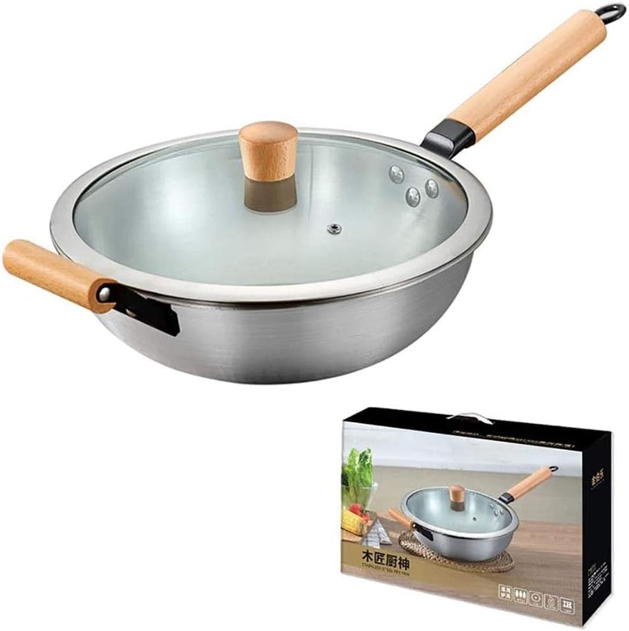 12.5inch Stainless Steel Wok Uncoated NonStick Pan, for