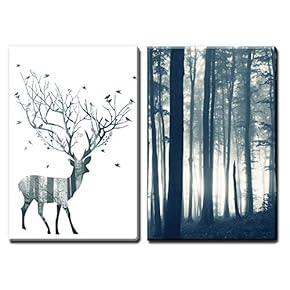 2 Panel Canvas Wall Art - Double Exposure Style Deer and Trees - Giclee Print Gallery Wrap Modern Home Art Ready to Hang - 16"x24" x 2 Panels