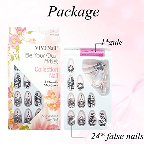 Yean Coffin False Nails Pink Flower 24Pcs/Set Fake Nails Full Cover Medium Long Stilleto with Design Nail Tips Press on Nails with Glue and Adhesive Tab for Women and Girls