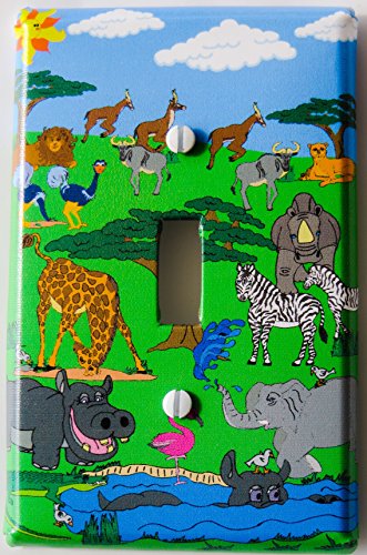 Animals Safari Light Switch Plate Cover/ Single Toggle / Safari Wall Decor with Zebras, Giraffes, Hippos, Elephants, Flamingo, Giselle, and Water Buffalo
