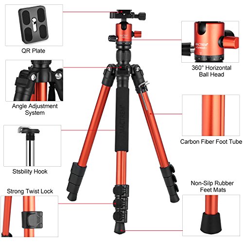 MACTREM Tripod DSLR SLR Tripod, 62.5" Light-Weight Aluminum Alloy Camera Tripod Phone Tripod with Phone Holder, 360 Degree Ball Head, Detachable Monopod, 33lbs Load with Carry Bag, Orange