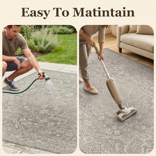 Outdoor Rug-Patio Rug Polypropylene Indoor Outdoor Carpet 7.9x10ft Porch Balcony Carpets Garden Deck Mat Easy Clean Non Slip Light Weight Vintage Outdoor Area Rug Retro Grey