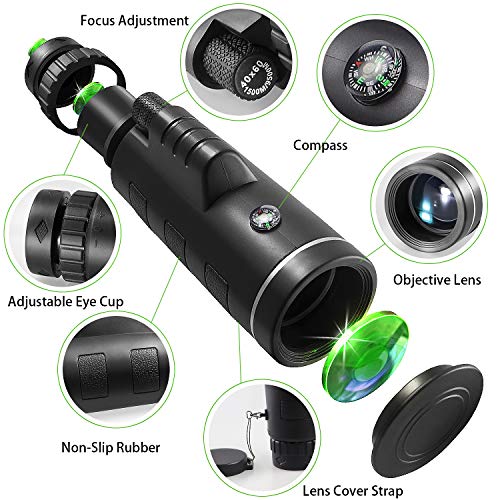 Qhui Monocular Telescope 40x60 with Extendable Tripod and Smartphone Adapter Waterproof Fogproof Low Light Version High Powered HD BAK4 Prism FMC Lens for Bird Watching, Hunting, Camping, Travelling