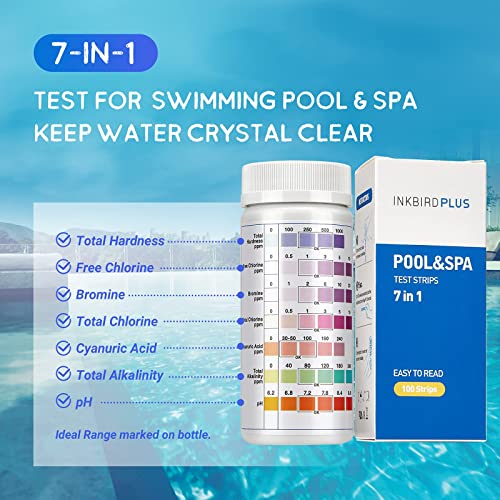 INKBIRDPLUS Pool and Spa Test Strips 100 ct 7 Way Pool Chemical Testing