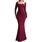 EYNMIN Corset Maxi Dress Long Sleeve Square Neck Ruched Bodycon Elegant Formal Wedding Guest Dresses for Women 2025 Fall