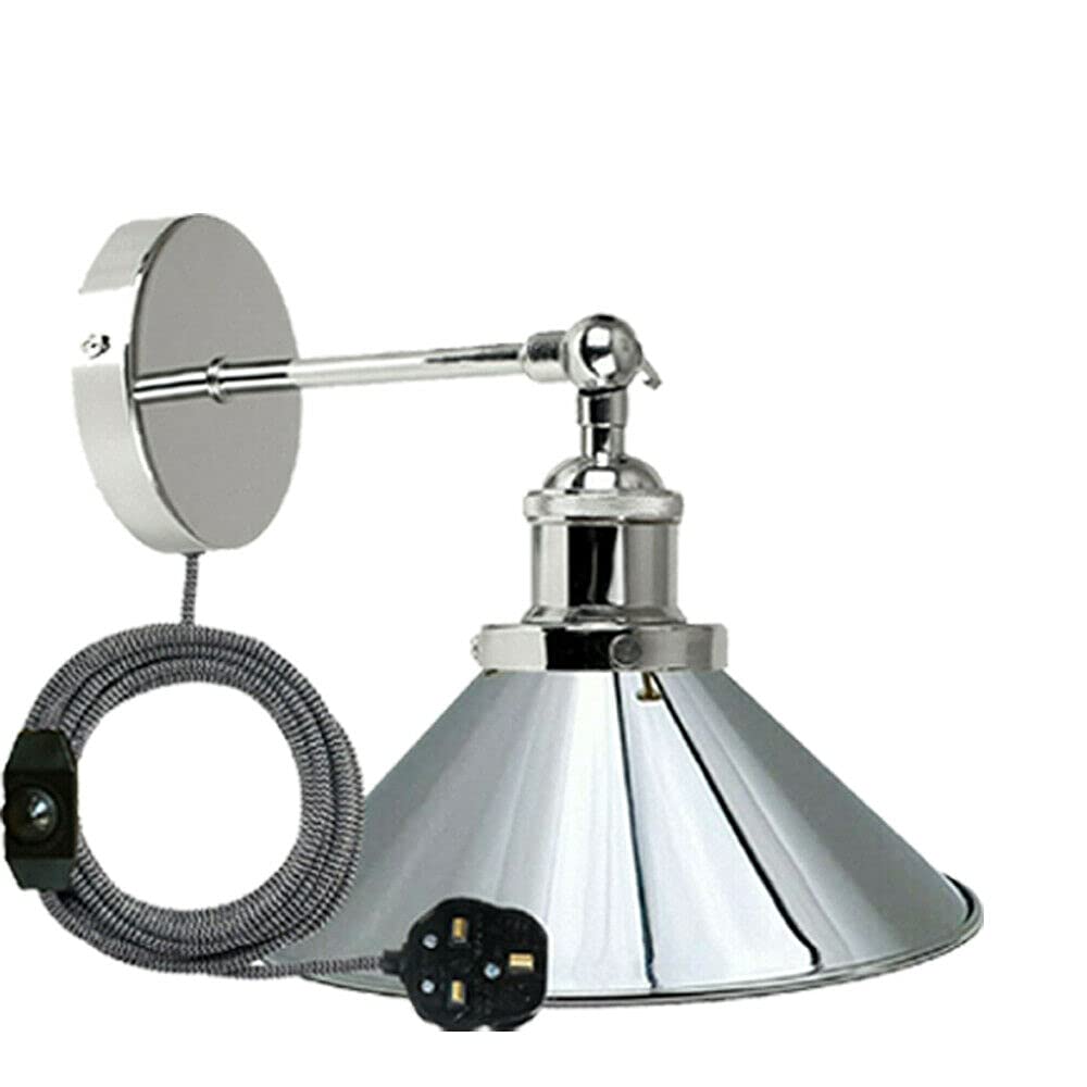 LEDSone Vintage Metal Cone Shade Wall Lights Adjustable Arm, LED E27 Lamp Base 2m Plugin Wall Sconce Lamp Fixture with Dimmer Switch for Bedroom Kitchen Dining Room