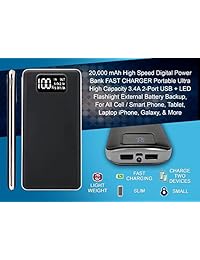 20000 mAh usb digital portátil Charger & Power Bank. Ultra Alta Capacidad de Batería, 3,4 A Dual Port, Digital Indicador LED de alimentación, Copia de seguridad, funciona con cualquier teléfono celular, tablet, computadora portátil o dispositivo USB. 