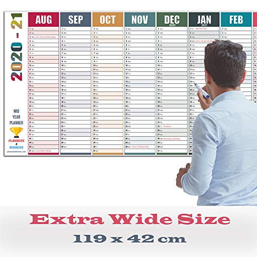 Academic Wall Planner 2020-21 Extra Wide Size. Excellent for Students, Teachers and Professionals. Mid Year Calendar 2020-2021 from Aug ’20 – Jul ’21. Large Size (119 x 42 cm). Non Laminated.