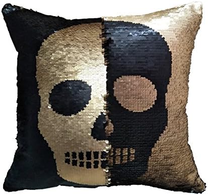 Positioning Embroidery Pillow Cases Reversible Sequins Mermaid Pillow Covers,Valentine 's Day Children' s Day Gift 40×40 cm Magical Color Changing Pillowcase Indoor Decorations (Skull_Black+Gold)
