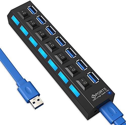 ALZN 7-Port USB 3.0 Data Hub Super Speed Multiple Devices with Switches Multi Port,1.75ft USB 3.0 Data Cable for PC Laptop Computer, LED Power Indicator