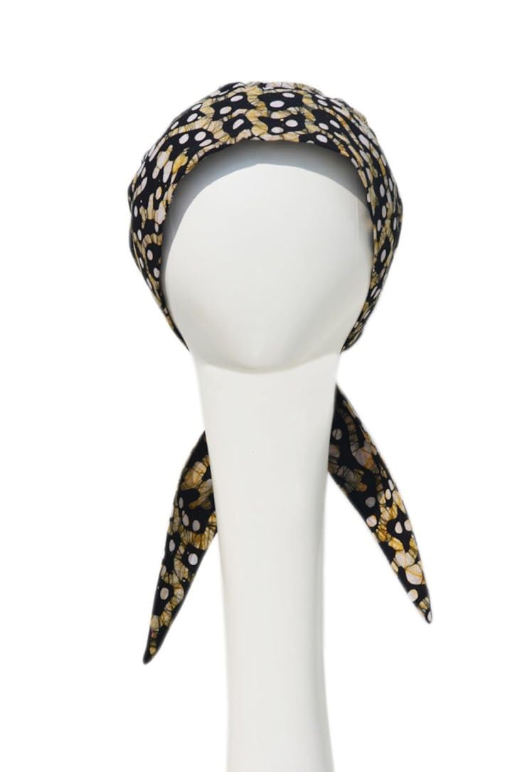 chemo scarves fitted cap with tails batiks play black & lemon yellow ( buy 1 get 1 sleep cap free )