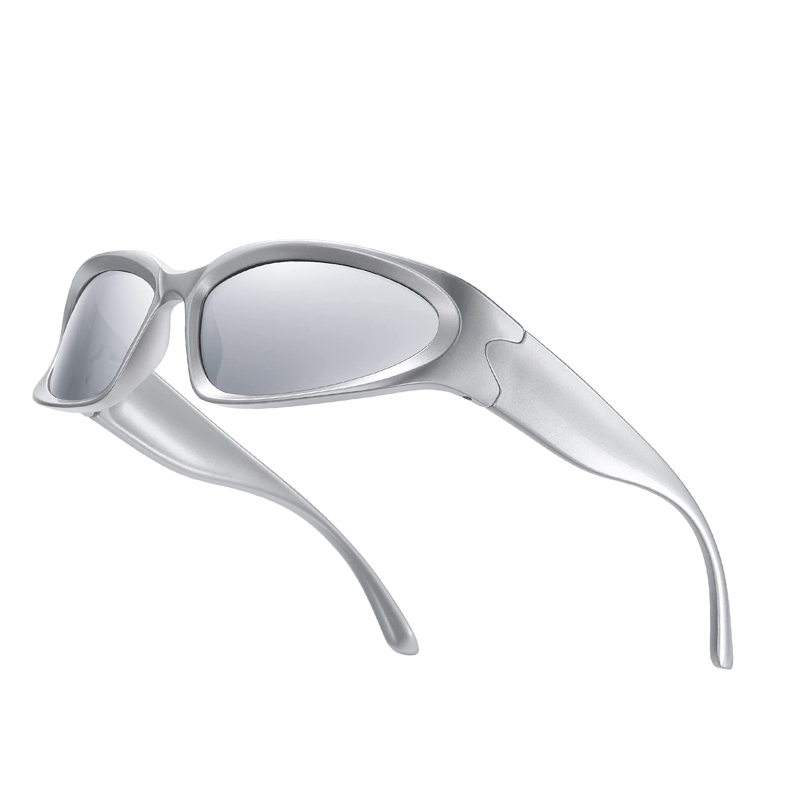 YUELUQU Y2K Wrap Around Sunglasses Men's Women's Futuristic Outdoor Sports Sunshade UV400 Glasses (Silver Frame/Silver Lens)