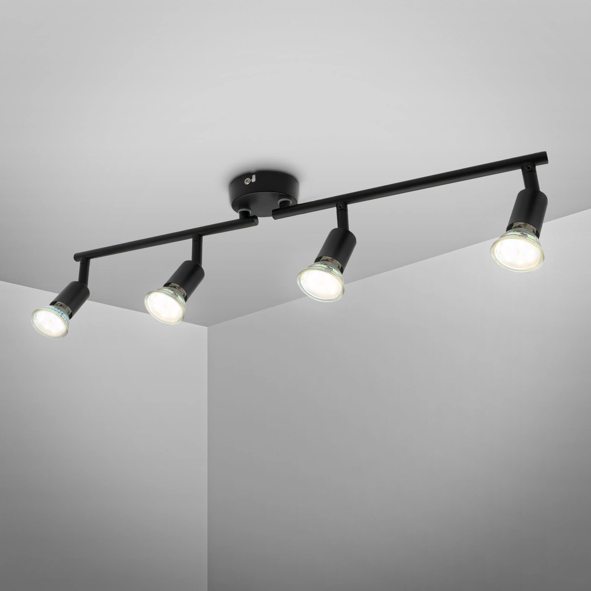 B.K.Licht - LED Ceiling Lights Spotlight Bar, 4x2,9W GU10 Bulbs Incl, Rotatable Heads, Warm White Light, LED Lamp, Livingroom Ceiling Lights, Bedroom, Kitchen Ceiling Light, 60.5x10.5cm, Matt Black