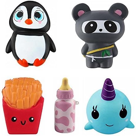 Jumbo Squishies 5pcs Squishy Toys, Super Slow Rising, Kawaii with Penguin, Ninja, Fries, Bottle, and Narwhal - Great for Stress Relief, Gifts or Prop Toys - For Kids or Adults