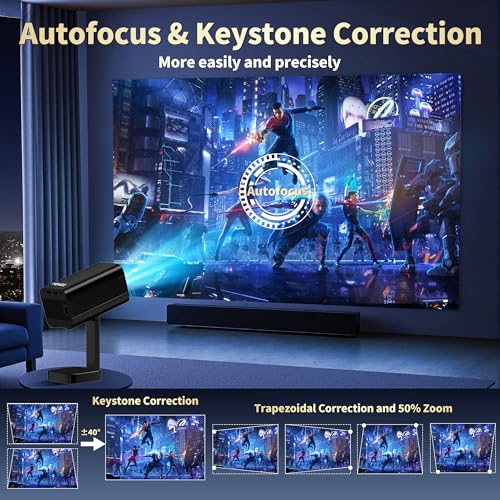 4K Mini Projector 2026 Upgraded Support Native 1080P FHD, Smart Projector [Built-in Apps] with WiFi and Bluetooth, Real-Time Auto Focus & Keystone Correction Supports TV Stick/iPad/Laptop/HDMI - Black