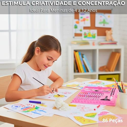 Maleta de Pintura Infantil 86 Peças — Estojo Rosa, Lápis de Cor, Canetinha, Giz de Cera, Aquarela e Pincel, Para Meninas 4 a 12 Anos, Escola e Presente