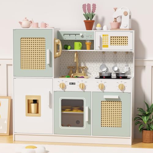 Babytronic Wooden Kitchen Playset for Kids, Pink Pretend Play Kitchen with Ligh…