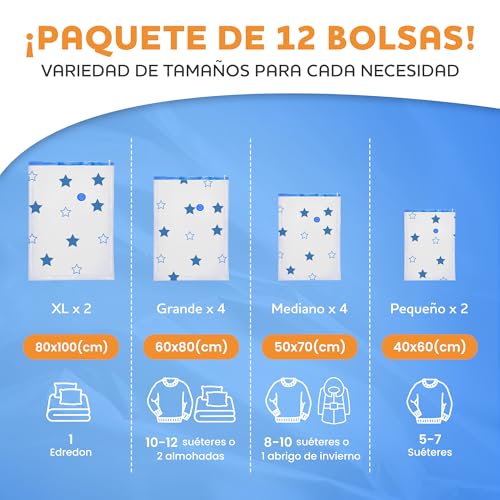 Empty Clothes Bags 12 Pieces, Clothes Storage Bag with Manual Pump, Space Saving, Clothes Storage Bags, Blankets, Quilts, Sheets and More