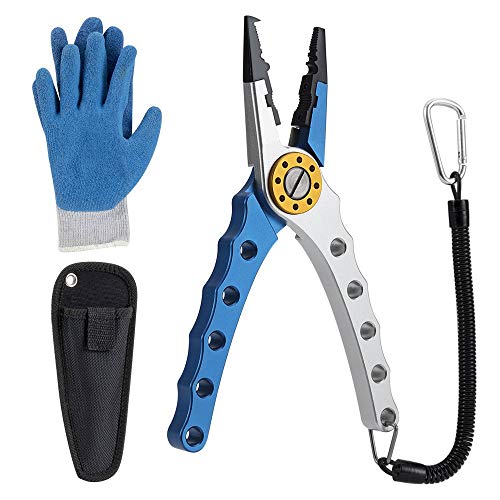 WOTOW Aluminium Angelzange, Braid Line Cutter Hook Remover Split Ring mit Stahldraht Coiled Nylon Lanyard Schwarz…