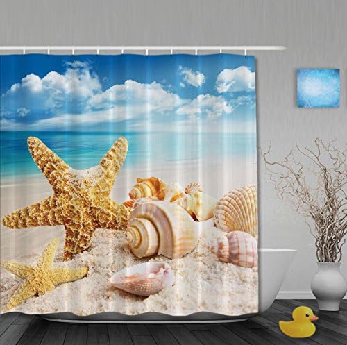 Seaside Lanscape Home Decor Shell Starfish Bathroom Shower Curtains Waterproof Mildew Ployster Fabric 36"x72"Inch Blue