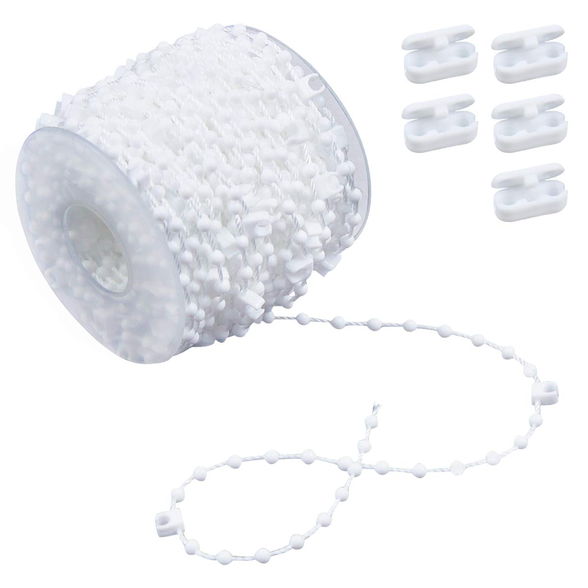 NATUCE 20 Meter 200 clips Vertical Blind Bottom Chain with 5 Pieces Plastic Chain Connectors, for 3.5 Inch/ 89 mm Slats, Vertical Blind Accessories, Vertical Blind White Beaded Bottom Chain