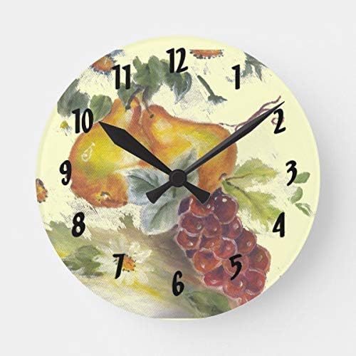 Georgia Barnard Classic Wood Clock, Non Ticking Clock 12" Pear Grapes Round Clock Wooden Decorative Round Clock