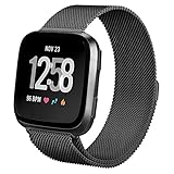 hooroor for Fitbit Versa Bands Women Men Small Large, Milanese Loop Stainless Steel Metal Sport Replacement Bracelet Strap with Magnet Lock Wristbands for Fitbit Versa Smart Watch (Black, Large)