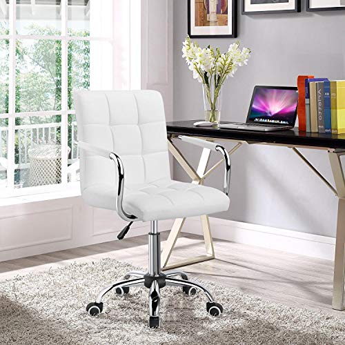 Yaheetech White Desk Chairs with Wheels/Armrests Modern PU Leather Office Chair Midback