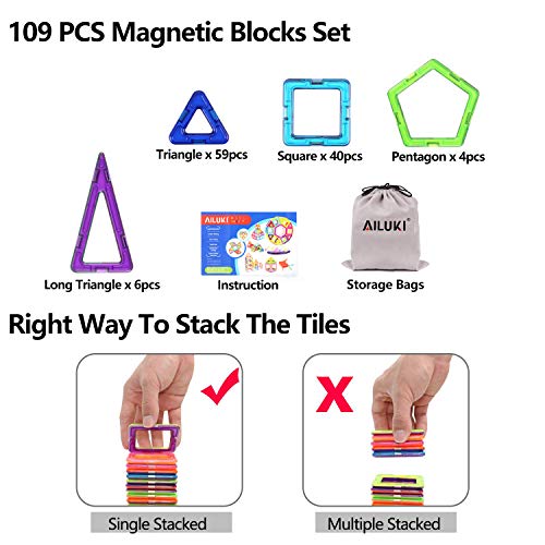 Magnetic Blocks,Ailuki 109 Pcs 3D Magnetic Building Blocks Set Magnet Tiles Educational Construction Kit for Children Creative Imagination Development Magnet Toys
