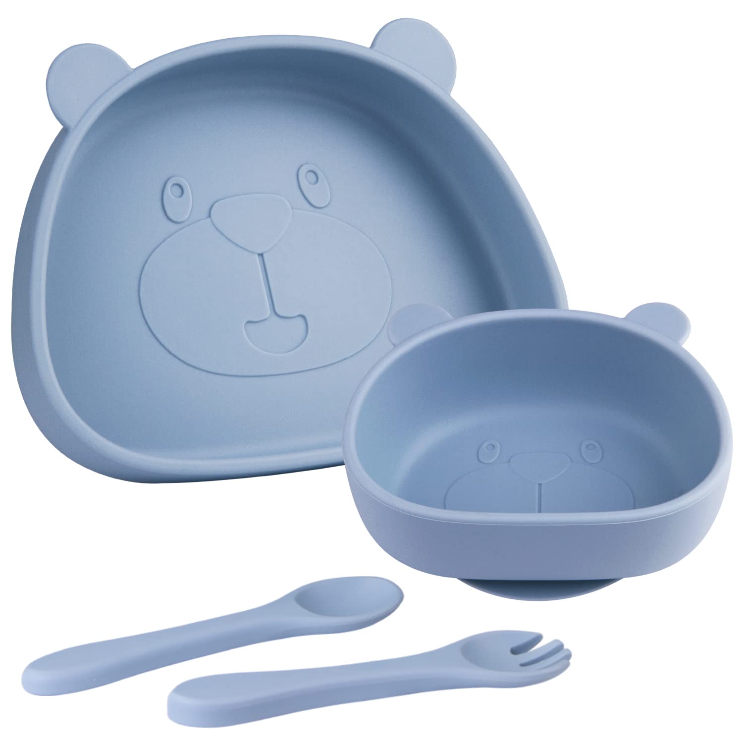 Suction Baby Plate and Bowl Set with Fork Spoon,Non Slip Toddler Divided Placemat,BPA Free Silicone Feeding Set for Babies Toddlers Kids