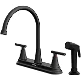 HURRAN 2-Handle Kitchen Faucet with Pull-Out Side Sprayer, 8 Inch High Arch Stainless Steel 360°Rotating Kitchen Sink Faucet, 4 Hole Faucet for Kitchen Bar Rv Camper, Black