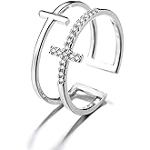 Dainty Cross Cubic Zirconia Open Rings for Women Men Hypoallergenic Minimalist Double Line Band Adjustable Expandable Finger Ring Sparkly Cz Faith Fashion Statement Wedding Stacking Jewelry