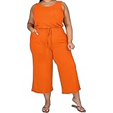 TOPSRANI Womens Plus Size 2 Piece Outfits Sweatsuits Casual Tracksuit Sleeveless Baggy Wide Leg Long Crop Pants Sets