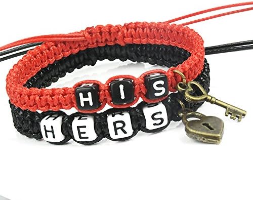 HisandHers[TM] Couple Bracelets Handmade Waxed Cord Bracelet for Lovers Wedding Birthday Anniversary Valentine's Day (Black Red)
