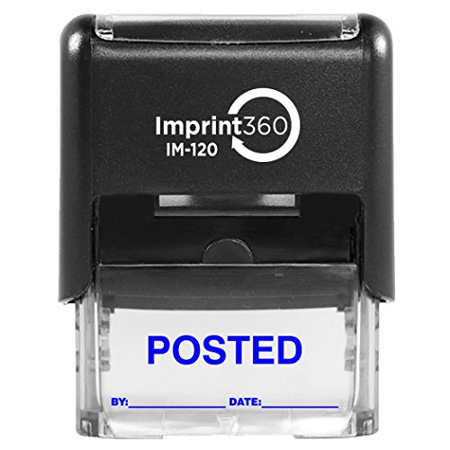AS-IMP1111B - Posted Stamp with by: & Date:, Blue Ink, Heavy Duty Commerical Self-Inking Rubber Stamp, 9/16" x 1-1/2" Impression