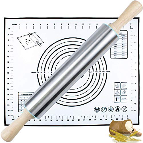 Rolling Pin and Silicone Pastry Mat Set,Stainless Steel Rolling Pin for Baking Dough,Fondant,Dumpling,Pizza,Pie,Pastries,Pasta and Cookies (stainless steel) - Thumbnail 7