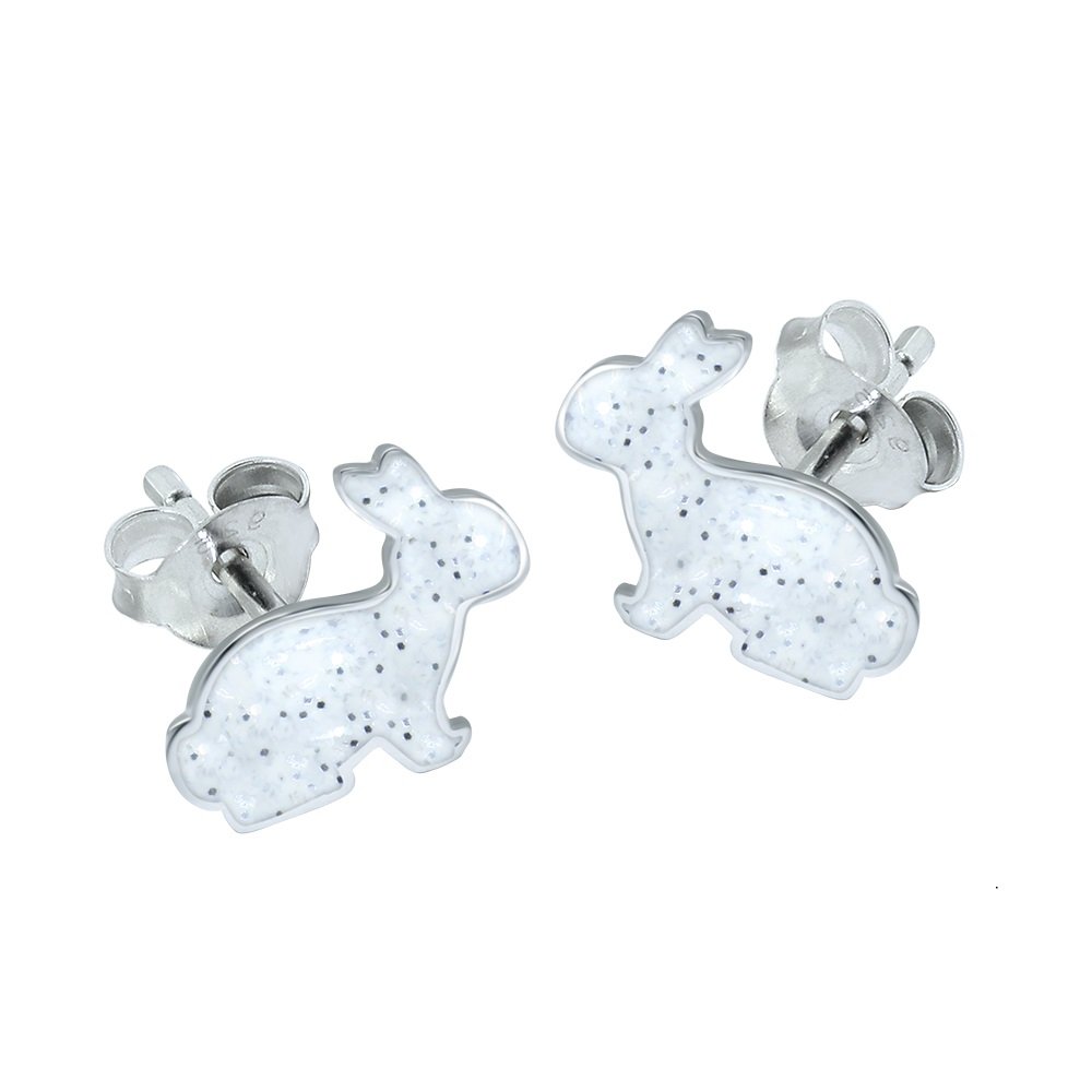 White Glitter Rabbit Earrings 925 Sterling Silver Easter Bunny