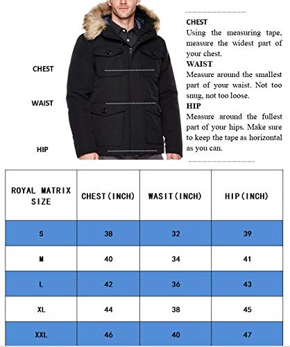 Royal Matrix Men's Down Filled Hooded Parka Jacket with Removable Faux Fur (Black, Large)