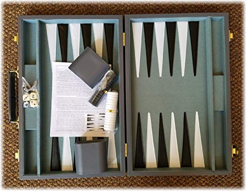 Matty's Toy Stop Deluxe 15" Backgammon Briefcase (Vinyl Gray Attache) with 3-in-1 Chess, Checkers & Backgammon Wooden Travel Games Set (8")