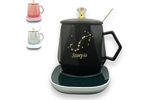RedRoko Zodiac Sign Star Self Heating Coffee Mug - Astrology Coffee Mugs, Constellation, Astrology Zodiac Signs, Coffee Warmer Mug, Ceramic Coffee Mug with Hot Plate, Spoon & Lid - Scorpio - Black