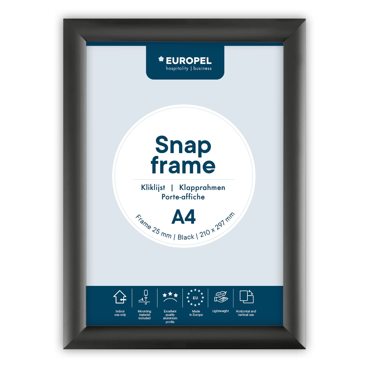 EUROPEL Snap Frame Black A4, 25 mm | Aluminium Anodised Construction & Anti-Glare Cover | Clip Poster Holders for Retail & Advertising Displays | Notice Sign Board Frame for Walls