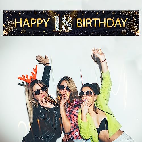Mokonate Happy 18th Birthday Banner Black Gold Happy Birthday Sign Banner Backdrop Happy Birthday Yard Sign for Kids 18 Years Old Party Decorations Supplies