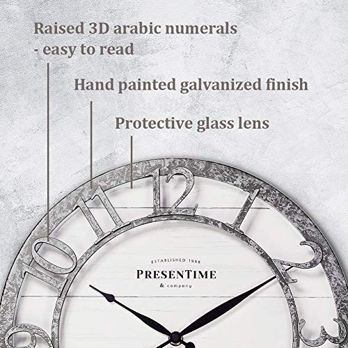 PresenTime & Co 13" Farmhouse Series Wall Clock, Quartz Movement, Shiplap Style,Raised 3D Arabic Numeral, Galvanized Finish