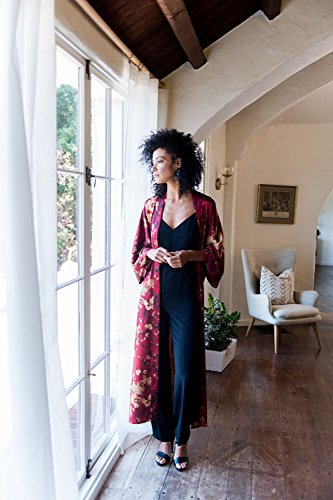 Old Shanghai Women's Kimono Robe Long - Watercolor Floral, Tamiko- Teal