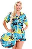 Funky Hawaiian Blouse Women Short-Sleeve Front-Pocket Surf Beach Turquoise