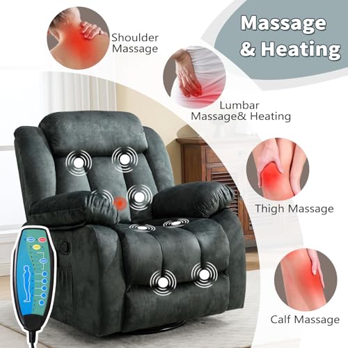 ANJ Classic Manual Swivel Rocker Recliner Chair with Massage and Heat, Rocking Recliners for Adults with Side Pocket, Single Overstuffed Heavy Duty Reclining Sofa Chair for Living Room,Bedroom,Grey