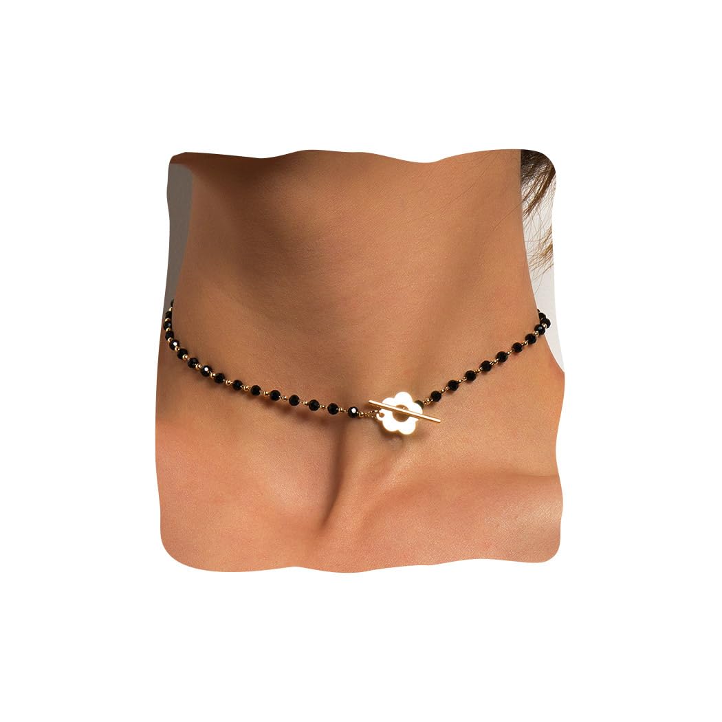 Ushiny Boho Beaded Choker Necklace Gold Flower Lariat Lock Necklace Black Beads Necklace Summer Beach Festival Jewellery for Women and Girls