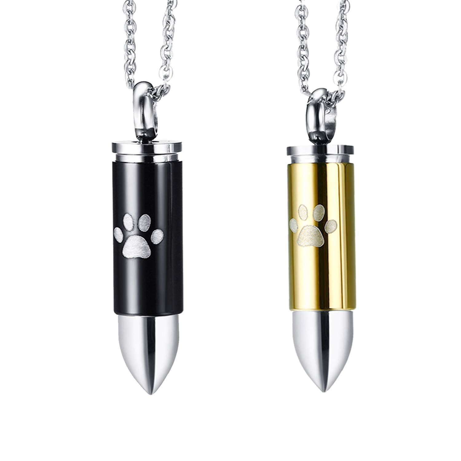 Cupimatch 2pcs Bullet paw Pendant Memorial Ashe Urn Keepsake Chains Stainless Steel Necklace Jewelry Set, Black Gold