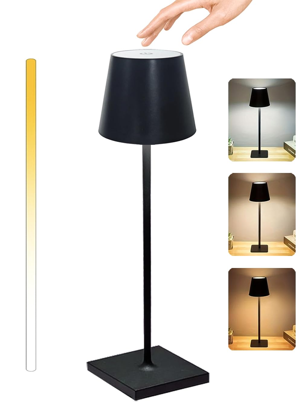 Cakkone Rechargeable Lamp with 3 Color Modes, Metal Cordless Lamps Touch Dimming, Wireless Lamp IP54 Waterproof, Rechargeable Table Lamp for Restaurant Bedroom Indoor Outdoor, Black