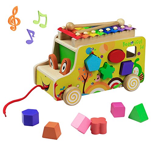Wooden Toys Pull Cars Xylophone Knock Musical Instruments Animal Xylophones 8 Keys with 2 Mallets 10 Shape Blocks for Kids Toddlers Girls Boys 3 4 5 Years